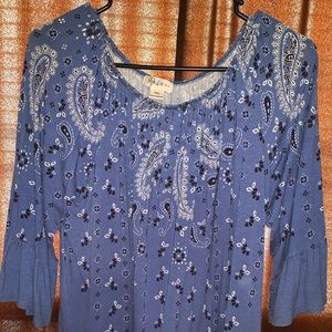 Style&Co XL-P Top Blue Bandana,Bell Sleeve Rayon,Spandex,Bohemian,Western